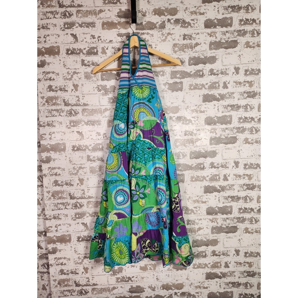 Boho Colorful Halter Tiered Maxi Dress XS Blue Floral Paisley Tropical READ